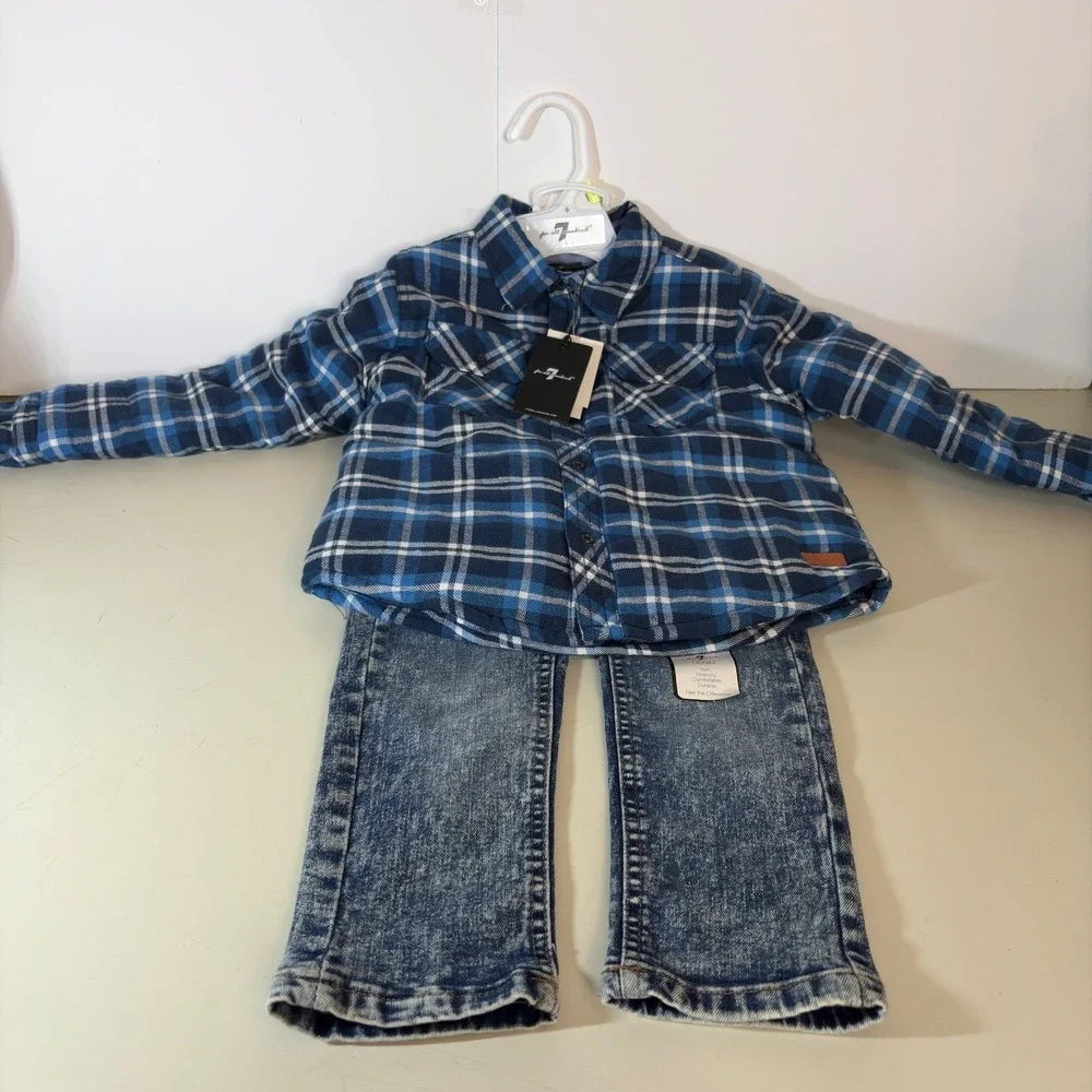 7 For All Mankind TODDLER 4T Blue Plaid Quilted Shacket Acid Wash Jeans‎ 2pc Set